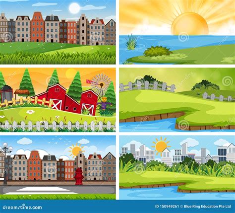 Set of Urban and Rural Landscape Stock Vector - Illustration of grass ...