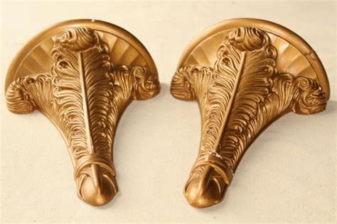 pair antique gold painted plaster molding wall bracket shelves, elegant french plumes