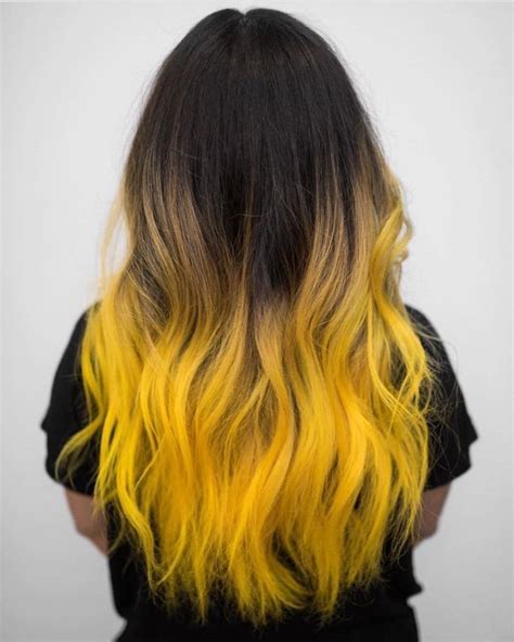 black-to-yellow-long-wavy-dark-ombre-hair-black-shirt-white-background | Yellow hair color, Hair ...