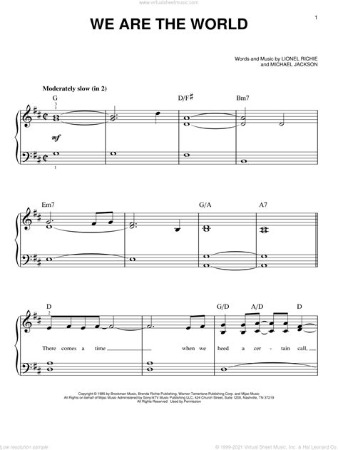 We Are The World sheet music for piano solo (PDF-interactive)