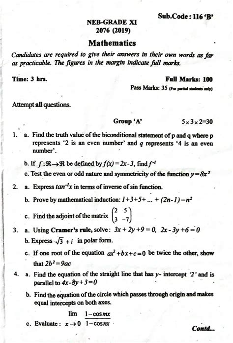 NEB Grade 11 Mathematics Question Paper- 2076 - Math Village