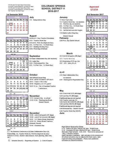 2016 - 2017 School Year Calendar | Colorado Springs School District 11 ...