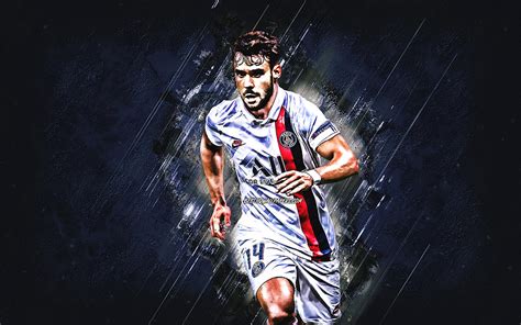 Juan Bernat PSG Spanish footballer portrait blue stone background Paris Saint-Germain Ligue 1 ...