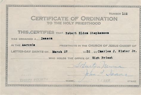 Stephenson Family History: Robert E. Stephenson Priesthood Ordination Certificates