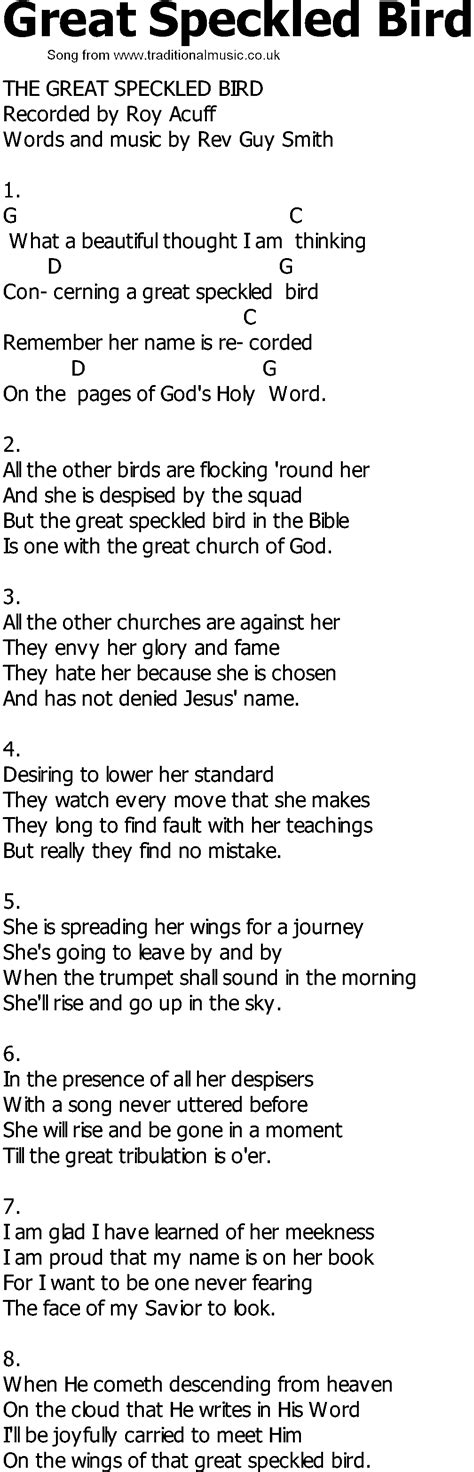 Old Country song lyrics with chords - Great Speckled Bird