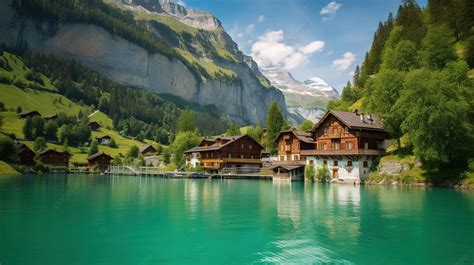 Wood House On A Lake In The Alps Background, Pretty Picture Of ...