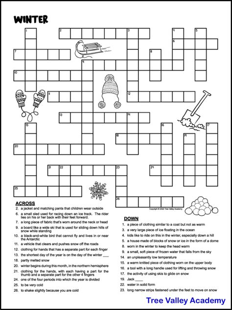 Printable Winter Crossword Puzzles for Kids - Tree Valley Academy