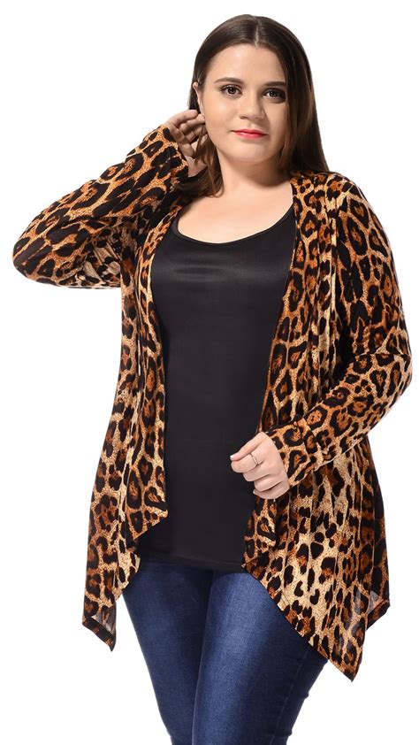 Unique Bargains - Women's Plus Size Long Sleeve Fashion Asymmetric Open Front Leopard Print ...