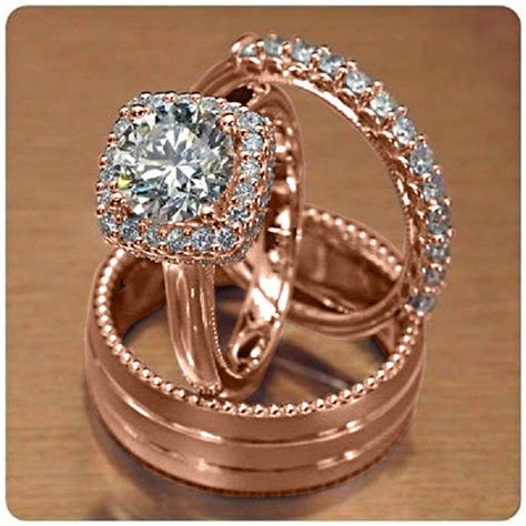 14k Rose Gold Trio Ring Set His Hers Diamond Engagement Bridal Wedding Trio Set - CZ, Moissanite ...
