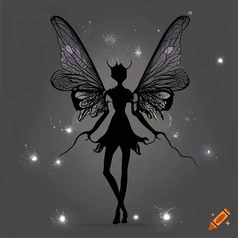 Dark tattoo design of a fairy silhouette with sparkles