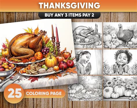 25 Thanksgiving Holiday, Praying Coloring Pages for Kids and Adults Instant Download Grayscale ...