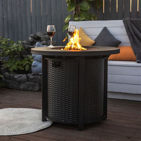 Ebern Designs Mokena 24" H x 30" W Propane Fire Pit Outdoor Round Table with Lava Rocks and ...