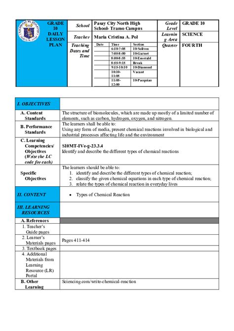 Detailed Lesson Plan In Chemistry - Photos