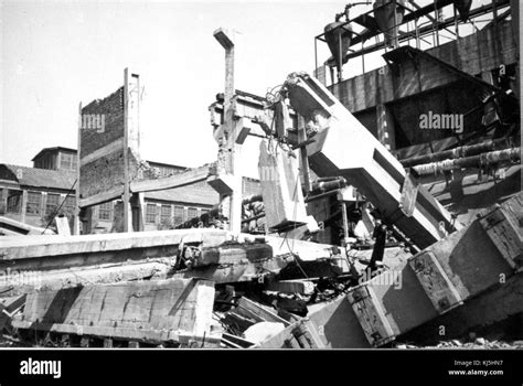 Tangshan, China, Earthquake July 28 1976 Damage at Tangshan Rolling Stock Plant Stock Photo - Alamy