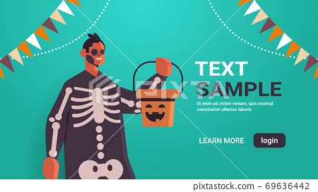 man in skeleton costume holding bucket with... - Stock Illustration ...