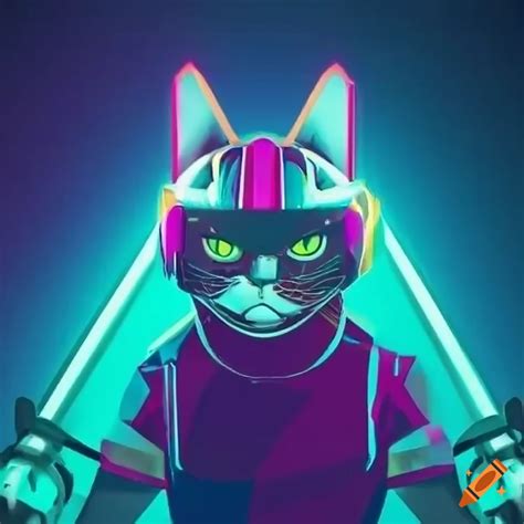 Synthwave cat with headphones and sword