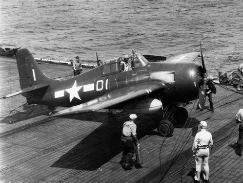 FM-2 Wildcat code D1 of VC-79 after engaging the barricade on board carrier USS Sargent Bay CVE ...