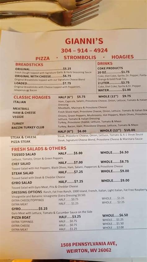 Menu at Gianni's Weirton restaurant, Weirton