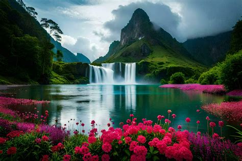 beautiful waterfall in the mountains with pink flowers. AI-Generated 32251772 Stock Photo at ...