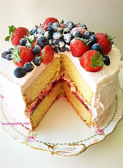 Summer Mixed Berry Sponge Cake - Feasting Is Fun