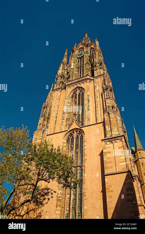 Frankfurt Cathedral Tower during sunset in historical downtown in Frankfurt at Main river ...