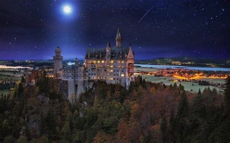 landscape, Nature, Neuschwanstein Castle, Germany, Starry Night, Moon, Valley, Trees, Lights ...