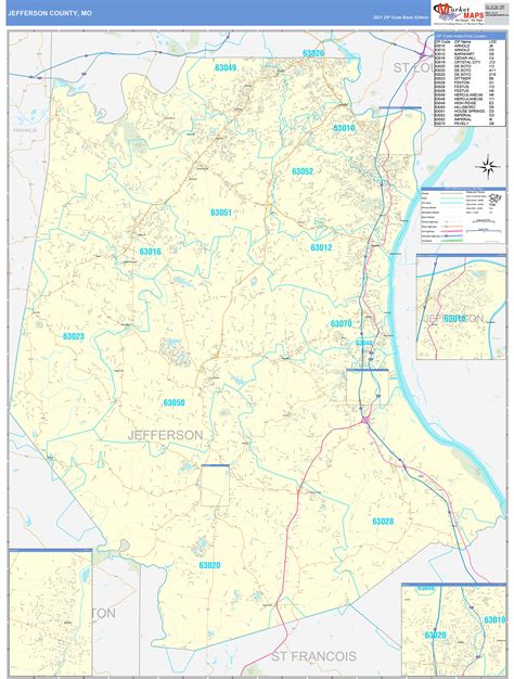 Jefferson County, MO Zip Code Wall Map Basic Style by MarketMAPS - MapSales