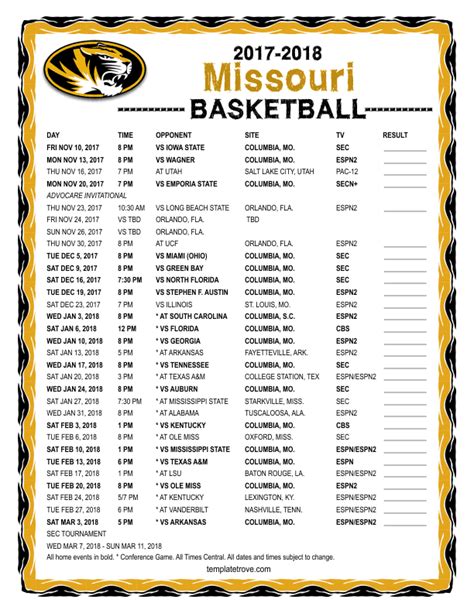 Printable 2017-2018 Missouri Tigers Basketball Schedule