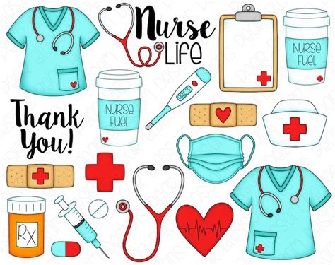 nurse clipart set with medical supplies and thank you messages for nurses, hospital staff or doctors