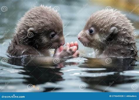 Baby Otters Floating on the Water, Holding Hands and Looking at Each ...