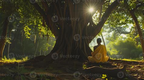 AI generated Buddhist monk in meditation beside a tree in the jungle 39666078 Stock Photo at ...