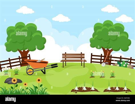 Farm Gardener Background Vector Illustration With A Landscape Of ...