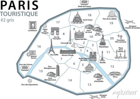 Tourist map paris - monuments - france - set 3 • wall stickers ballad ...