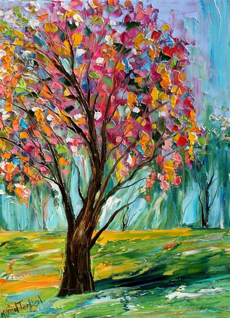 Original oil painting Spring TREE Landscape palette knife fine art impressionism by Karen ...