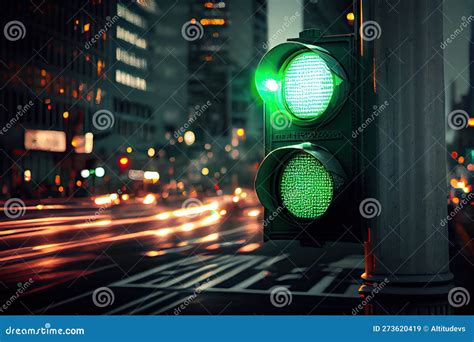 Green Traffic Light, with View of Busy City Street at Night Stock Image ...