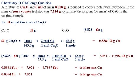 = Ω g Cu x 63.5 g 1 mole x 2 mol Cu 1 mol Cu 2 O x 1mol g Ω g Cu 2 O = Ω g Cux 63.5 g 1 mole x 1 ...