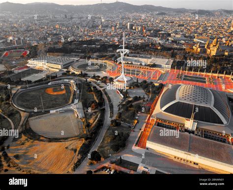 Aerial view Olympic ring or Anella Olímpica and Palau Sant Jordi Estadi ...