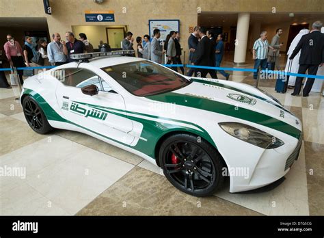 Dubai, UAE. 7th May 2013; High performance Aston Martin One-77 Dubai Police car on display at ...