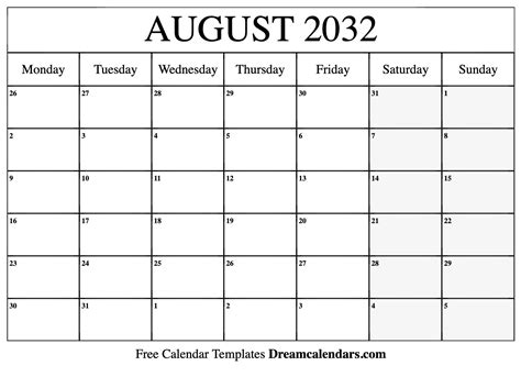 August 2032 Calendar - Free Printable with Holidays and Observances