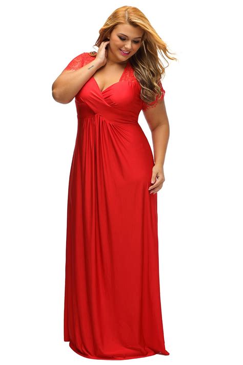 LALAGEN Women's Lace Sleeve V Neck Plus Size Evening Maxi Dress Gown Red XL