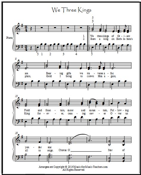 Free Christmas Sheet Music "We Three Kings" Beginner - Intermediate