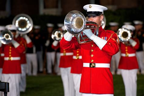 The U.S. Marine Band performs during the Friday evening parade at Marine Barracks Washington, D ...