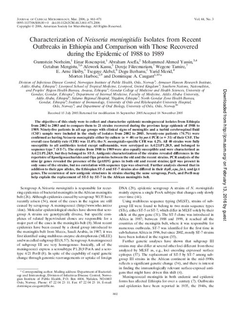 (PDF) Characterization of Neisseria meningitidis Isolates from Recent Outbreaks in Ethiopia and ...