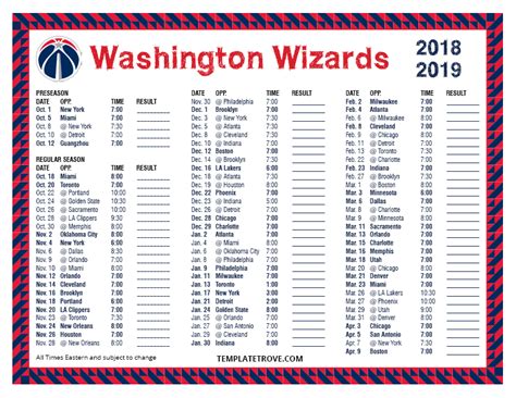 Printable 2018-2019 Washington Wizards Schedule