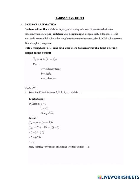 Barisan aritmatika dan geometri worksheet | Live Worksheets