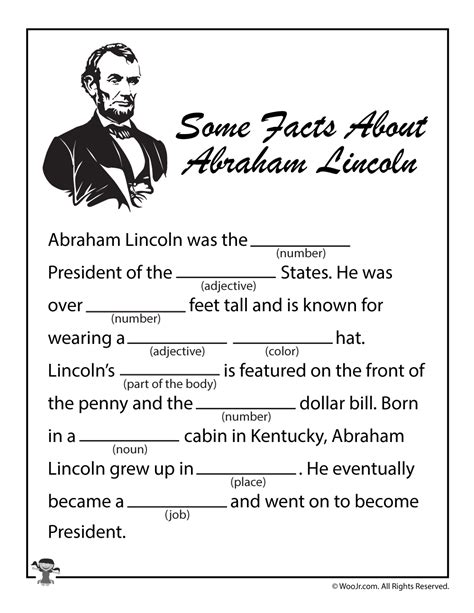 Abraham Lincoln Printable Ad Lib | Woo! Jr. Kids Activities : Children ...