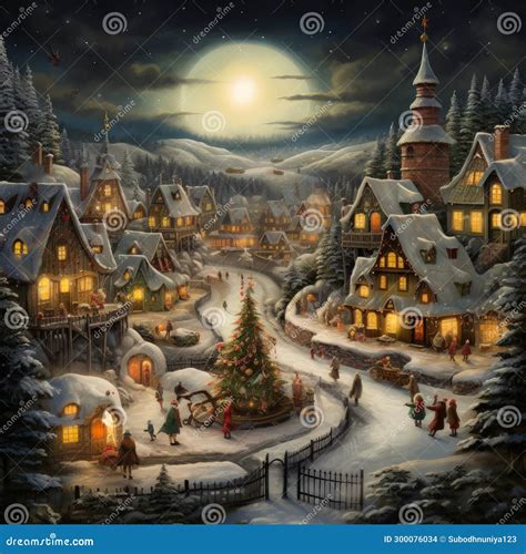 A Painting of a Christmas Village with a Lit Tree and a Full Moon in the Sky Above it and a ...