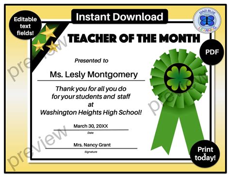 March Teacher of the Month Certificate, March Teacher of the Month Award, Editable Teacher of ...