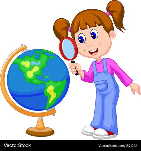 Cartoon girl using magnifying glass looking at glo