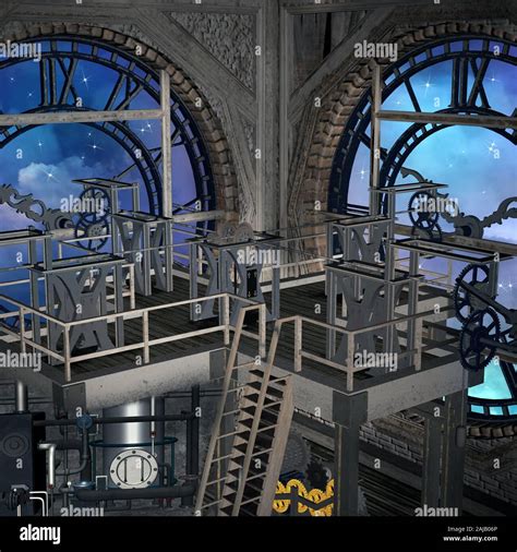 Steampunk laboratory inside a clock tower with a view to the blue night Stock Photo - Alamy